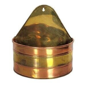 VTG MCM Farmhouse Banded Copper & Brass Shiny Wall Pocket Planter Made in India